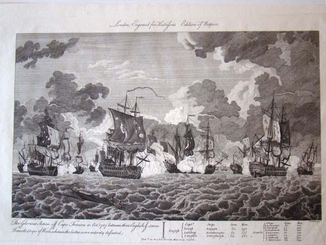 A rare 18th century engraving entitled "The Glorious Action off Cape Francois Oct. 21, 1757 between three English and seven French Ships of War, wherein the latter were entirely defeated."